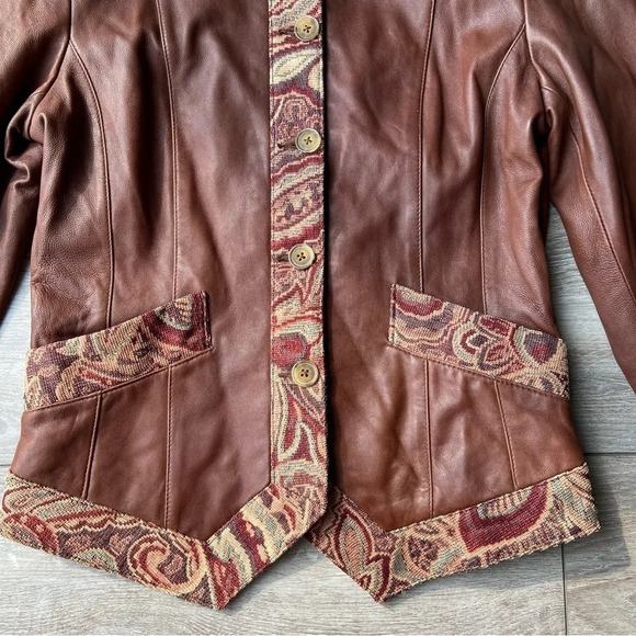NWT Coldwater Creek Tapestry  Trim Leather Jacket - Picture 9 of 14